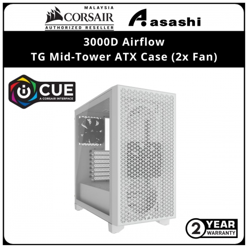 Corsair 3000D Airflow (WHITE) TG Mid-Tower ATX Case (2x Fan)
