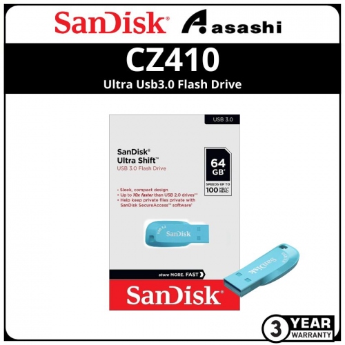Sandisk Ultra Shift-Blue CZ410 64GB Ultra Usb3.2 Flash Drive (SDCZ410-064G-G46BB)