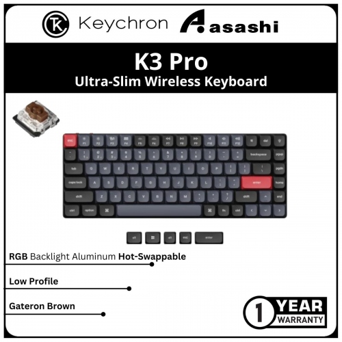 Keychron K3 Pro Ultra-Slim Aluminum Wireless RGB Low Profile Keyboard (Hot-Swappable) - Gateron Brown