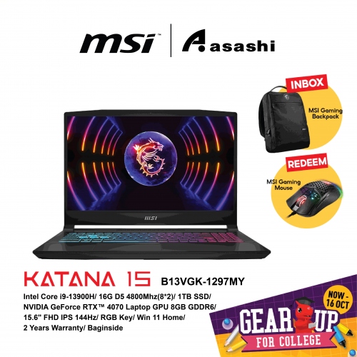 MSI Katana 15 B13VGK-1297MY Gaming Notebook (Intel Core i9-13900H/16G D5 4800Mhz(8*2)/1TB SSD/NVIDIA GeForce RTX™ 4070 Laptop GPU 8GB GDDR6/15.6