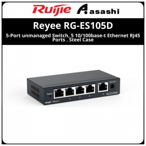 Ruijie Reyee RG-ES105D 5-Port unmanaged Switch, 5 10/100base-t Ethernet RJ45 Ports , Steel Case