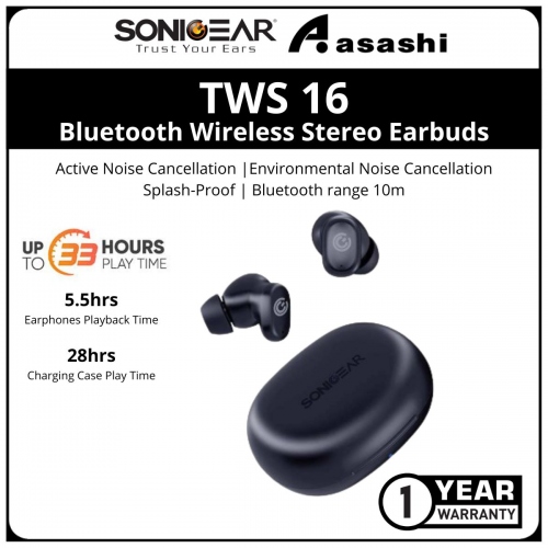 Sonic Gear TWS 16 (Black) ANC Bluetooth IPX 4 Wireless Stereo Earbuds