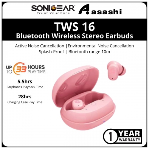 Sonic Gear TWS 16 (Pink) ANC Bluetooth IPX 4 Wireless Stereo Earbuds