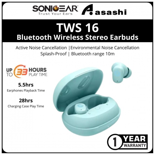 Sonic Gear TWS 16 (Mint) ANC Bluetooth IPX 4 Wireless Stereo Earbuds