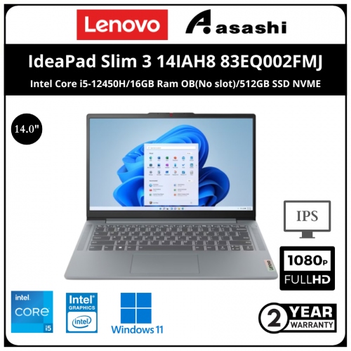 Lenovo IdeaPad Slim 3 14IAH8 Notebook-83EQ002FMJ-(Intel Core i5-12450H/16GB Ram OB(No slot)/512GB SSD NVME/Intel UHD Graphic/14