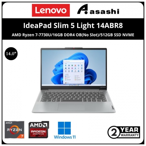Lenovo IdeaPad Slim 5 Light 14ABR8 Notebook-82XS002UMJ-(AMD Ryzen 7-7730U/16GB DDR4 OB(No Slot)/512GB SSD NVME/AMD Integrated Graphic/14