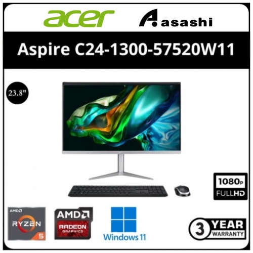 Acer Aspire C24-1300-57520W11 AiO Desktop PC(AMD Ryzen 5-7520U/8GD5 OB(No Slot)/512GB SSD/23.8