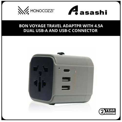 Monocozzi Bon Voyage Travel Adaptpr With 4.5A Dual Usb-A And Usb-C Connector - Charcoal