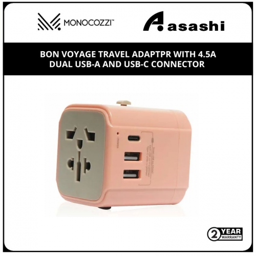 Monocozzi Bon Voyage Travel Adaptpr With 4.5A Dual Usb-A And Usb-C Connector - Coral