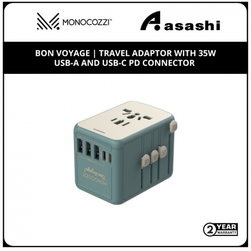 Monocozzi Bon Voyage | Travel Adaptor With 35W Usb-A And Usb-C Pd Connector - Green