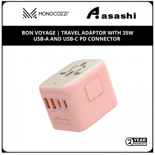 Monocozzi Bon Voyage | Travel Adaptor With 35W Usb-A And Usb-C Pd Connector - Coral