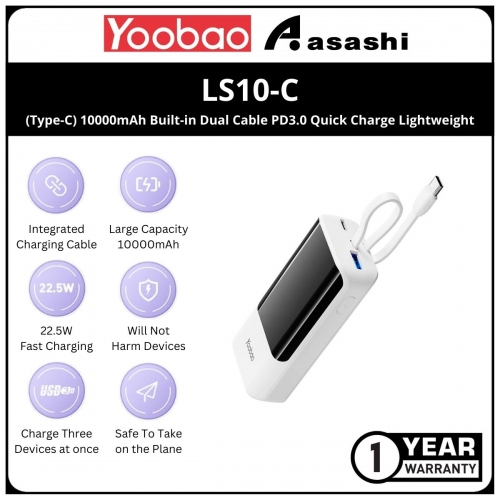 Yoobao LS10-C (Type-C) 10000mAh Built-in Dual Cable PD3.0 Quick Charge Lightweight and Ergonomic Design Power Bank - White (1 yrs Limited Hardware Warranty)