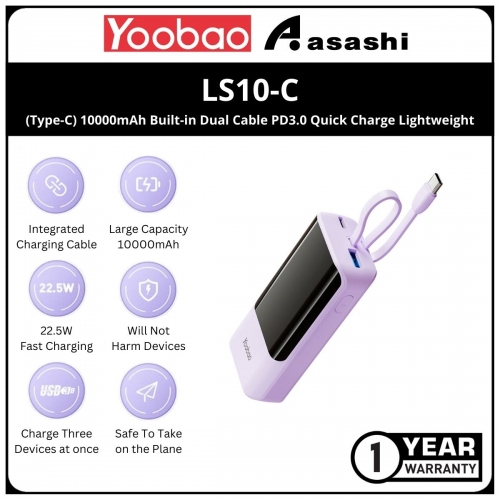 Yoobao LS10-C (Type-C) 10000mAh Built-in Dual Cable PD3.0 Quick Charge Lightweight and Ergonomic Design Power Bank - Purple (1 yrs Limited Hardware Warranty)