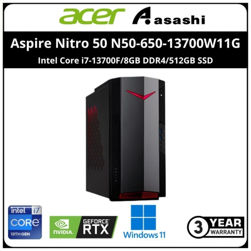 Acer Aspire Nitro 50 N50-650-13700W11G Gaming Desktop (Intel Core i7-13700F/8GB DDR4/512GB SSD/Nvidia RTX4060 8GBD6 Graphic/Win11Home /3Yr Onsite/Acer Wireless KB & Mouse)
