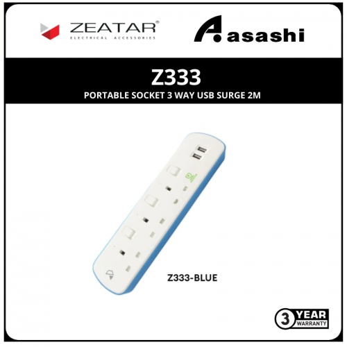 Zeatar Z333 Portable Socket 3 Way USB Surge 2M - Blue (3yrs Limited Warranty)