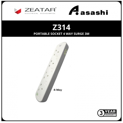 Zeatar Z314-3M Portable Socket 4 Way Surge 3M (3yrs Limited Warranty)