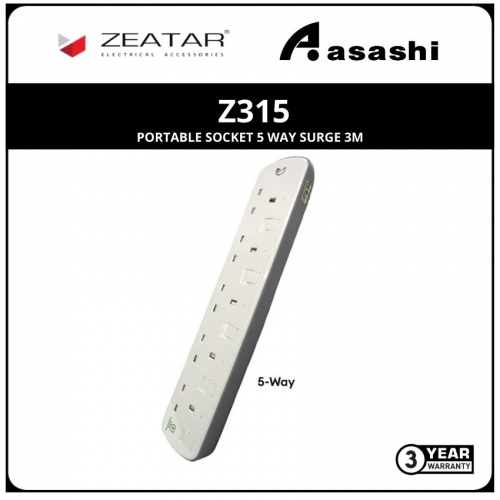 Zeatar Z315-3M Portable Socket 5 Way Surge 3M (3yrs Limited Warranty)