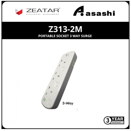 Zeatar Z313-2M Portable Socket 3 Way Surge (3yrs Limited Warranty)