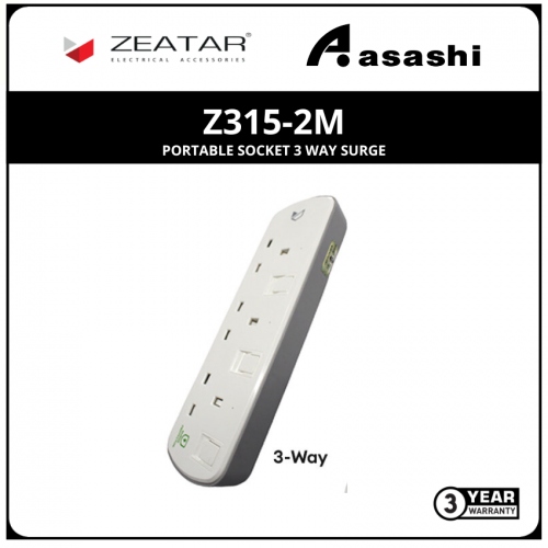 Zeatar Z315-2M Portable Socket 3 Way Surge (3yrs Limited Warranty)