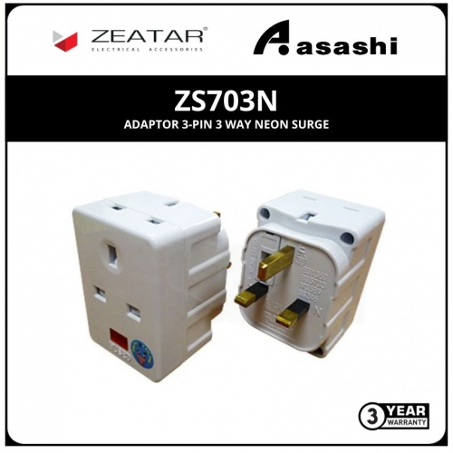 Zeatar ZS703N Adaptor 3-Pin 3 Way Neon Surge (3yrs Limited Warranty)