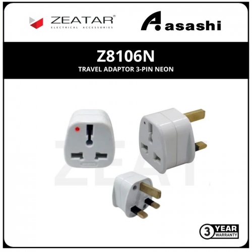 Zeatar Z8106N Travel Adaptor 3-pin Neon (3yrs Limited Warranty)