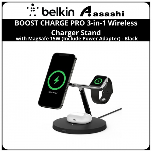 Belkin BOOST CHARGE PRO 3-in-1 Wireless Charger Stand with MagSafe 15W (Include Power Adapter) - Black