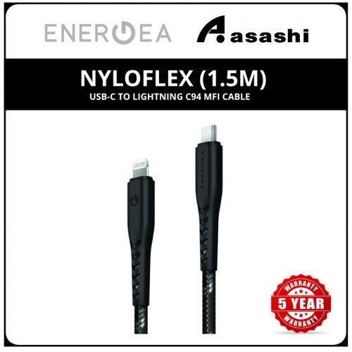 Energea NyloFlex (1.5m) USB-C to Lightning C94 MFI Cable - Black (5yrs Limited Hardware Warranty)