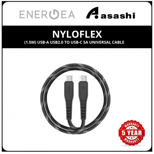 Energea NyloFlex (1.5m) USB-C to USB-C 480Mbps 5A Charge & Sync Cable - Black (5yrs Limited Hardware Warranty)