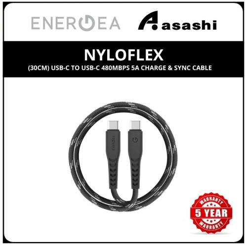 Energea NyloFlex (30cm) USB-C to USB-C 480Mbps 5A Charge & Sync Cable - Black (5yrs Limited Hardware Warranty)