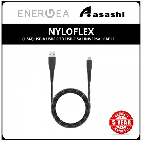 Energea NyloFlex (1.5m) USB-A USB2.0 to USB-C 5A Universal Cable - Black (5yrs Limited Hardware Warranty)