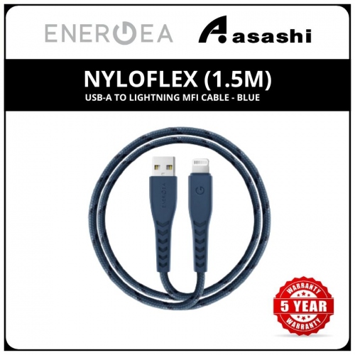 Energea NyloFlex (1.5m) USB-A to Lightning MFI Cable - Blue (5yrs Limited Hardware Warranty)