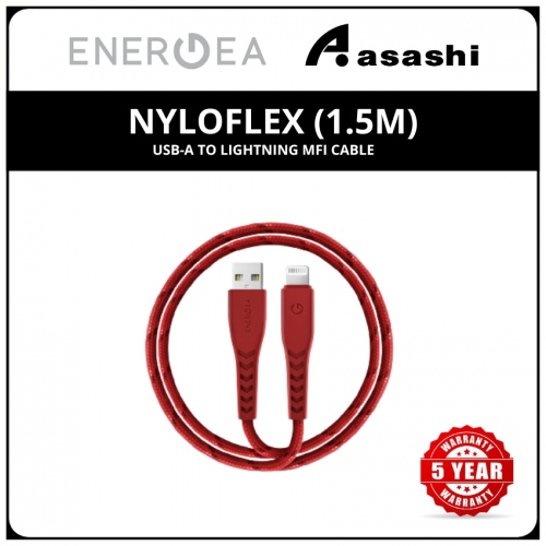 Energea NyloFlex (1.5m) USB-A to Lightning MFI Cable - Red (5yrs Limited Hardware Warranty)