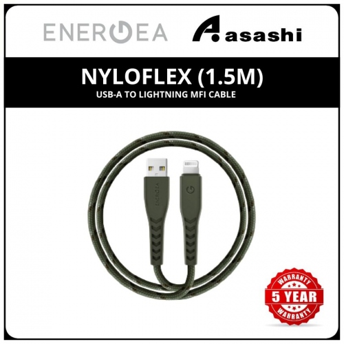 Energea NyloFlex (1.5m) USB-A to Lightning MFI Cable - Green (5yrs Limited Hardware Warranty)