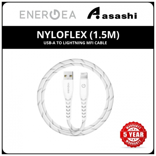 Energea NyloFlex (1.5m) USB-A to Lightning MFI Cable - White (5yrs Limited Hardware Warranty)