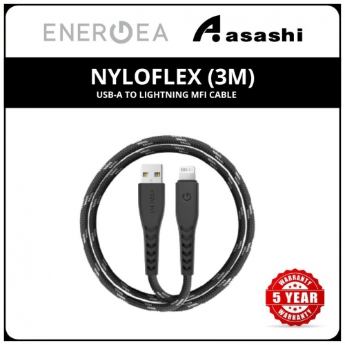 Energea NyloFlex (3m) USB-A to Lightning MFI Cable - Black (5yrs Limited Hardware Warranty)