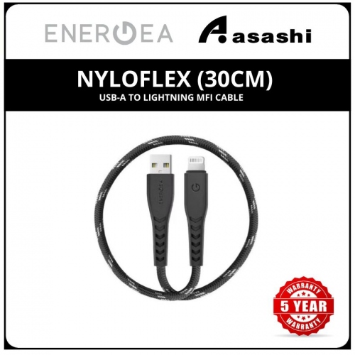 Energea NyloFlex (30cm) USB-A to Lightning MFI Cable - Black (5yrs Limited Hardware Warranty)