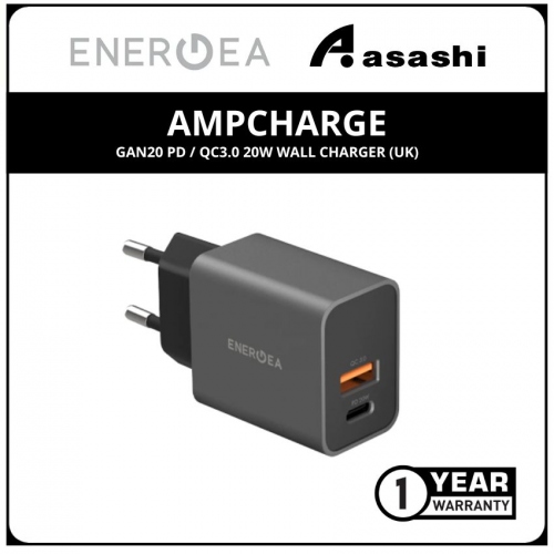 Energea AMPCharge GAN20 PD / QC3.0 20w Wall Charger (UK) (1 yrs Limited Hardware Warranty)