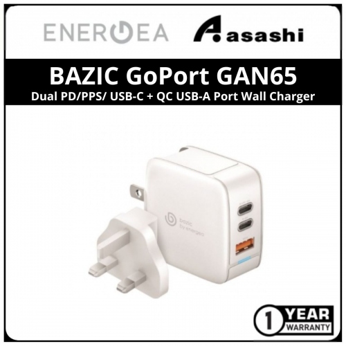 Energea BAZIC GoPort GAN65 Dual PD / PPS / USB-C + QC USB-A Port 65w Wall Charger (US+UK) (1 yrs Limited Hardware Warranty)