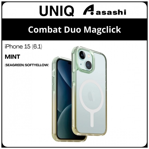 (85204) Uniq Magclick Charging Combat Duo iPhone 15 (6.1) Hybrid Case - Mint (SeaGreen/SoftYellow) (No Warranty)