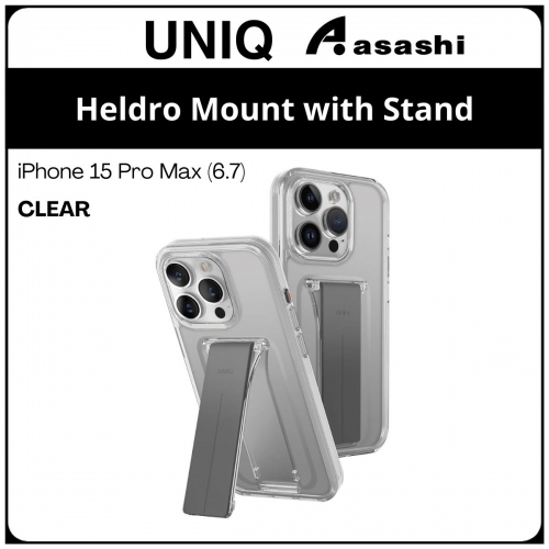 (85839) Uniq Heldro Mount with Stand iPhone 15 Pro Max (6.7) Hybrid Case - Clear