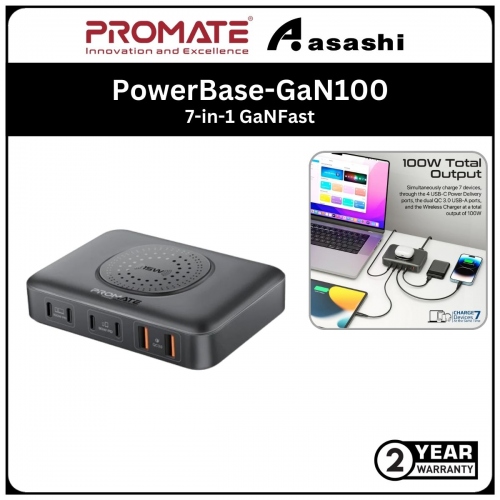 Promate PowerBase-GaN100 7-in-1 GaNFast™ 100W Power Delivery Charging Station(1.5m Cable Length) (2yrs manufacture limited warranty)