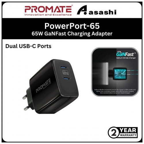 Promate PowerPort-65 65W Super Speed GaNFast® Charging Adapter with Dual USB-C Ports - Black (2 year Manufacturer Warranty)