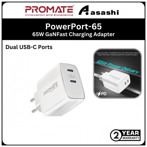 Promate PowerPort-65 65W Super Speed GaNFast® Charging Adapter with Dual USB-C Ports - White (2 year Manufacturer Warranty)