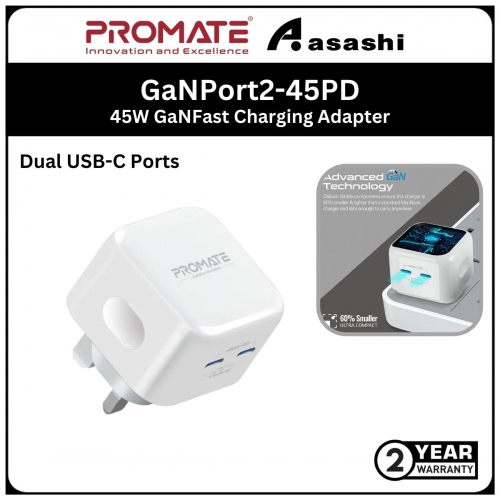 Promate GaNPort2-45PD 45W Power Delivery GaNFast™ Charging Adapter with Dual USB-C Ports (2year Manufacturer Warranty)
