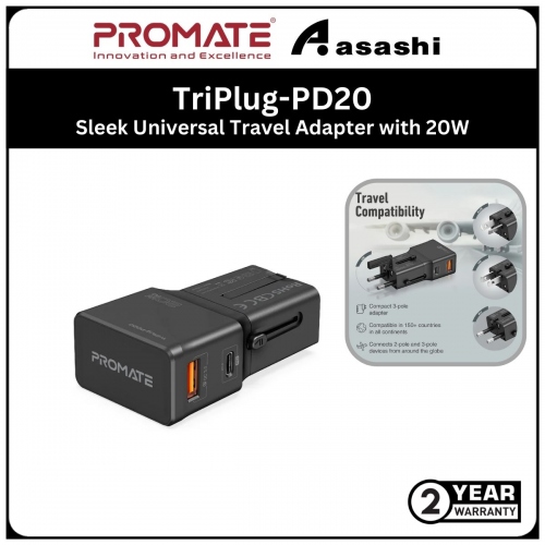 Promate TriPlug-PD20 Sleek Universal Travel Adapter with 20W Power Delivery & Quick Charge 3.0 - Black (2yrs manufacture limited warranty)