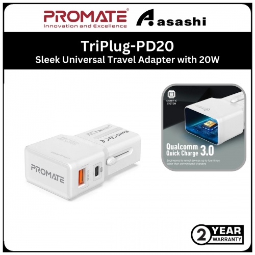 Promate TriPlug-PD20 Sleek Universal Travel Adapter with 20W Power Delivery & Quick Charge 3.0 - White (2yrs manufacture limited warranty)