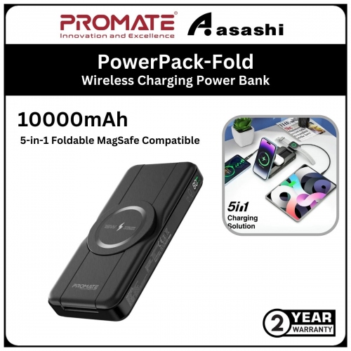 Promate PowerPack-Fold 10000mAh 5-in-1 Foldable MagSafe Compatible Wireless Charging Power Bank (2yrs Manufacturer Warranty)