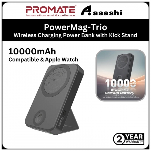 Promate PowerMag-Trio 10000mAh SuperCharge MagSafe Compatible & Apple Watch Wireless Charging Power Bank with Kick Stand - Black (2yrs Manufacturer Warranty)