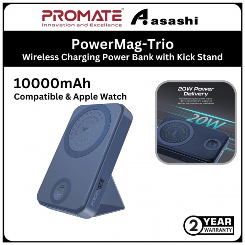 Promate PowerMag-Trio 10000mAh SuperCharge MagSafe Compatible & Apple Watch Wireless Charging Power Bank with Kick Stand - Navy (2yrs Manufacturer Warranty)