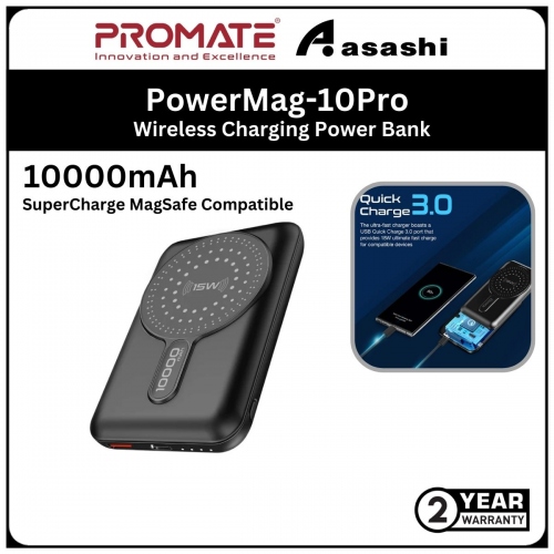 Promate PowerMag-10Pro 10000mAh SuperCharge MagSafe Compatible Wireless Charging Power Bank - Black (2yrs Manufacturer Warranty)